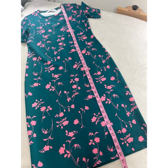Sonnet James A Play Dress Short Sleeve Midi Teal Green with Pink Flower Pattern - Picture 7 of 7
